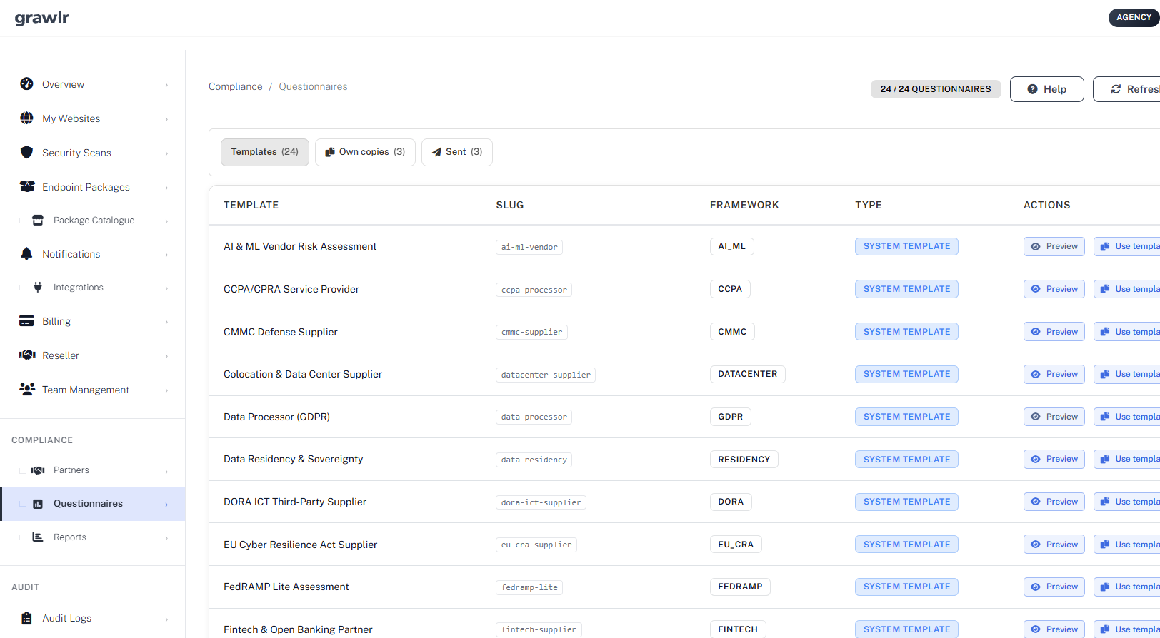 Compliance Questionnaires hub with templates, own copies and sent instances
