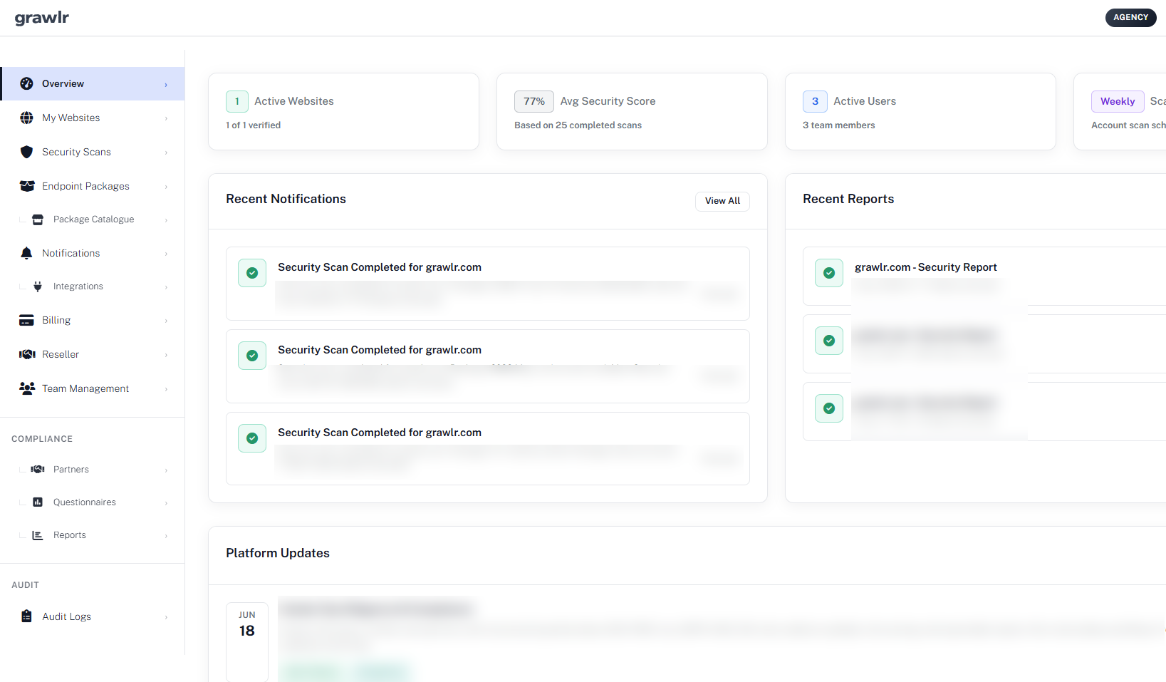 Overview dashboard with account stats, recent notifications, reports and platform updates