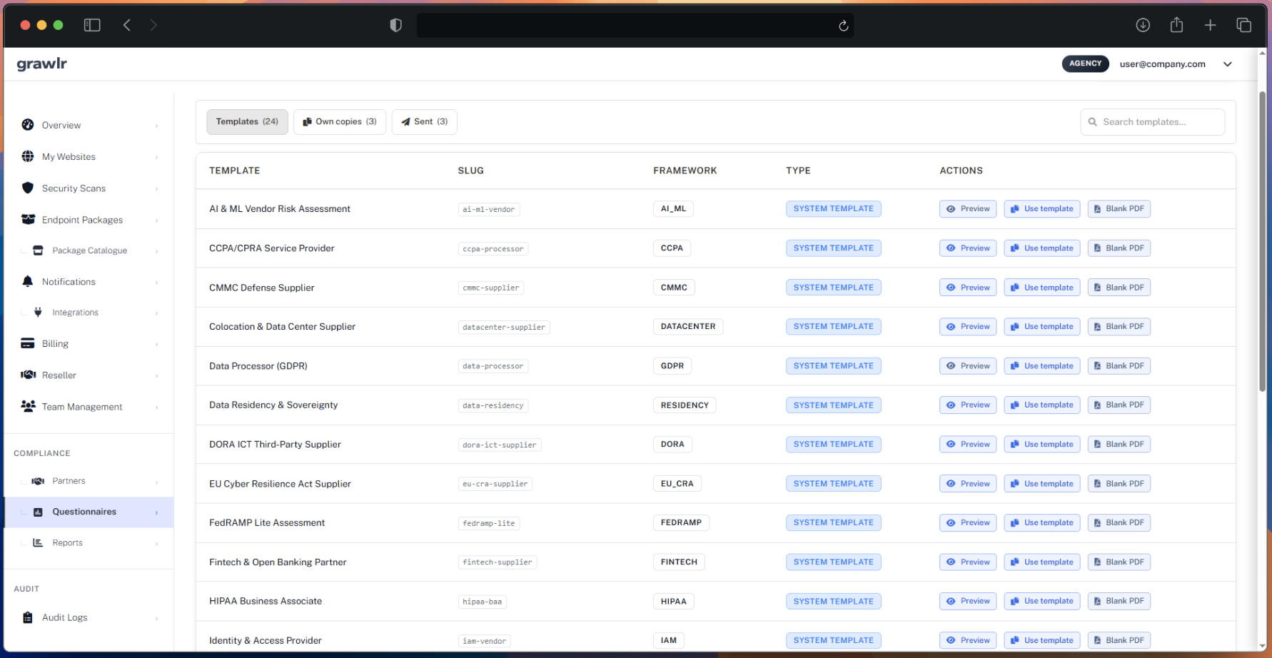 Grawlr Compliance-Fragebögen-Dashboard mit Systemvorlagen, Frameworks und Aktionen