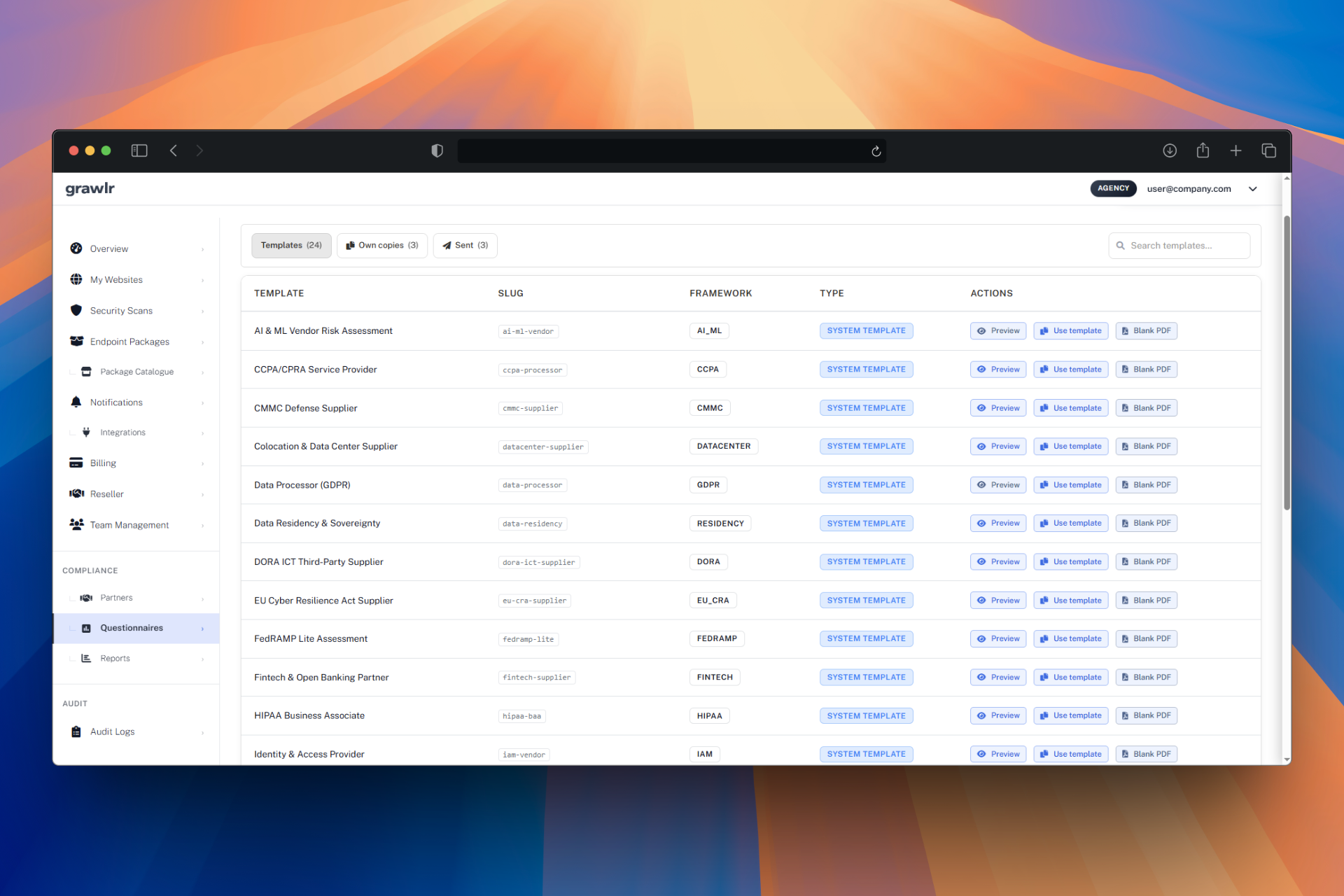 Grawlr Security Scans dashboard showing completed scans, scores and filters