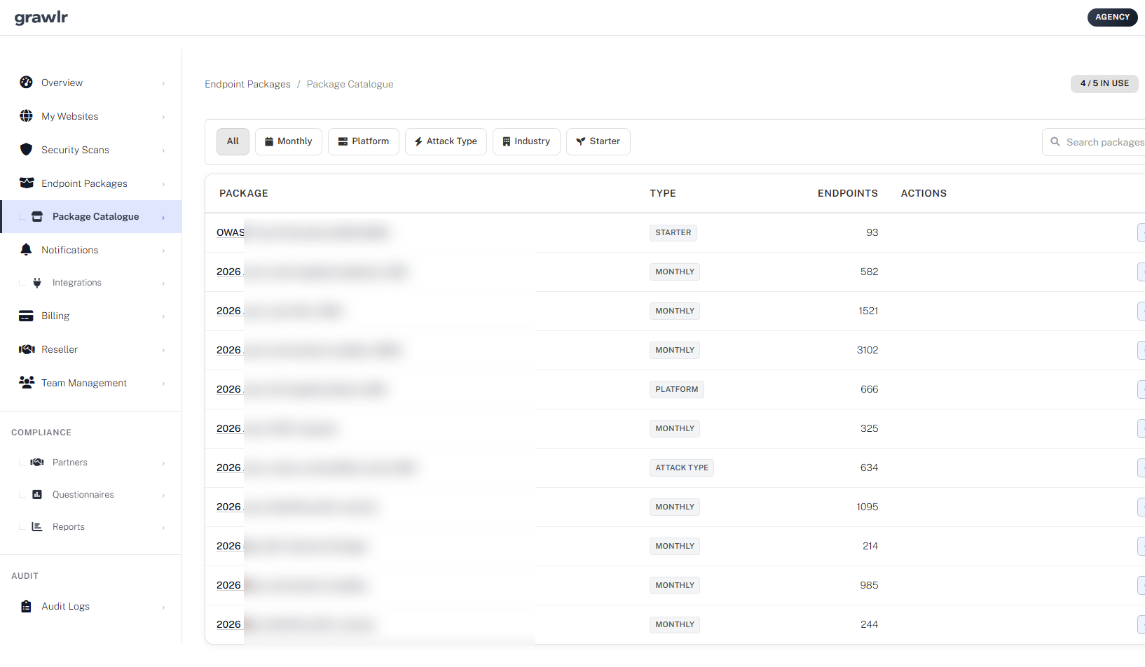 Package Catalogue with package types, endpoint counts and filters