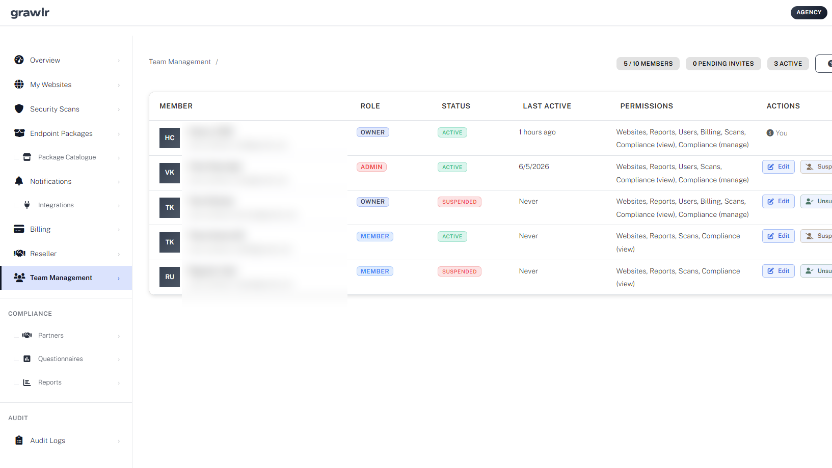 Team Management page for inviting members and assigning roles