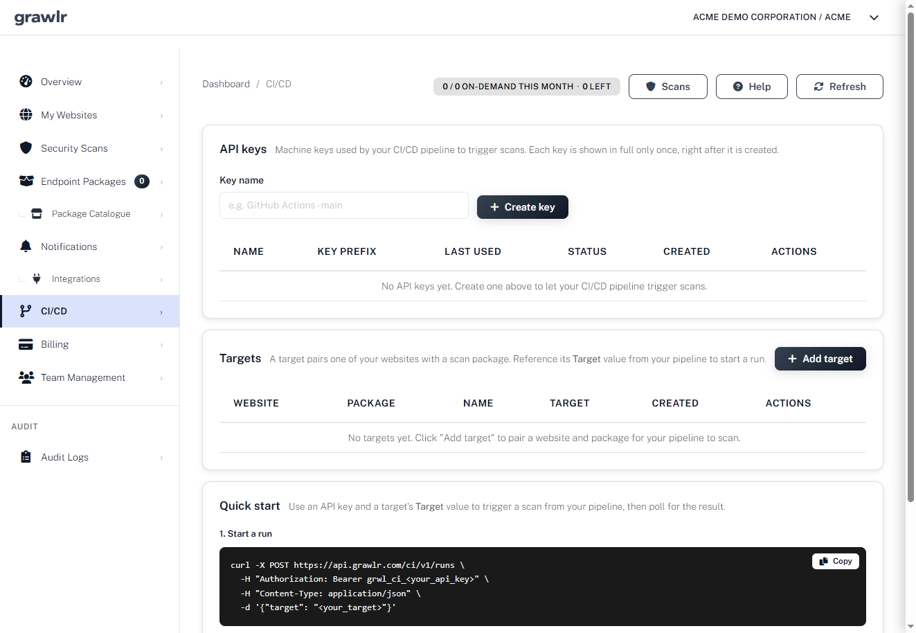 Grawlr CI/CD settings with API keys and scan targets for a deploy pipeline