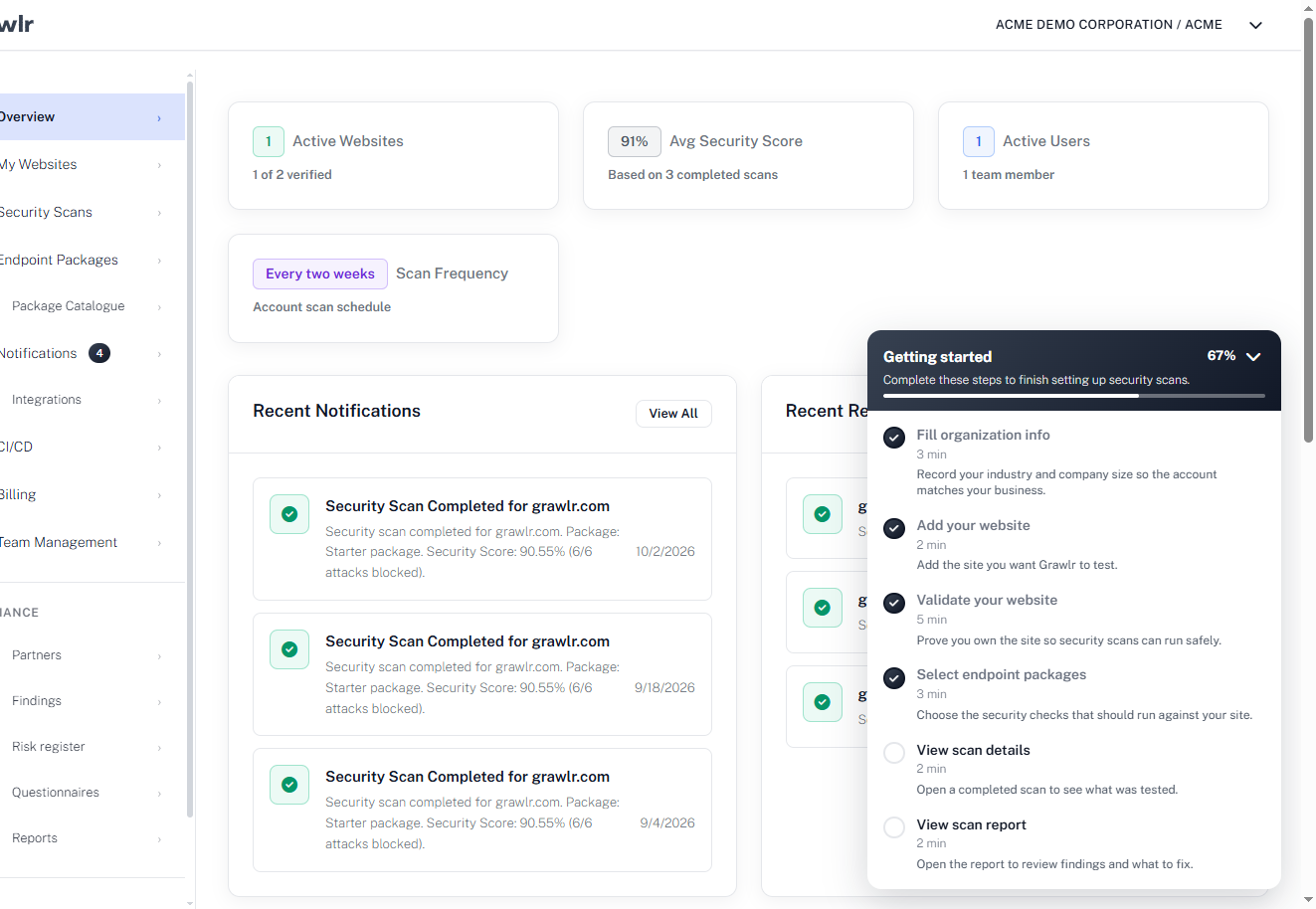 Grawlr quick setup guide: add and verify a website, select endpoint packages, complete your first scan