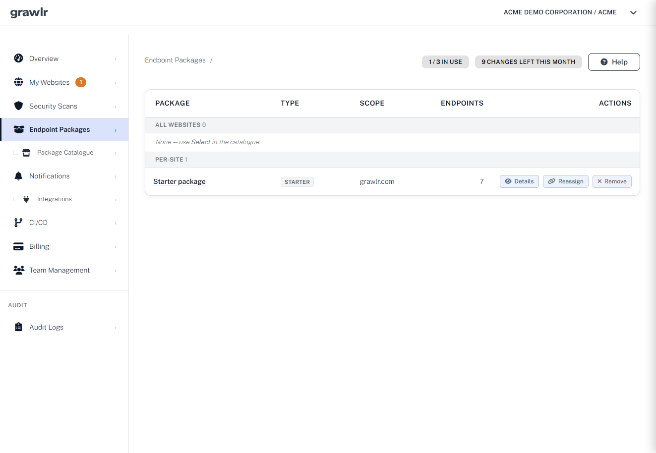 Grawlr endpoint packages assigned per website with type, scope, and endpoint count
