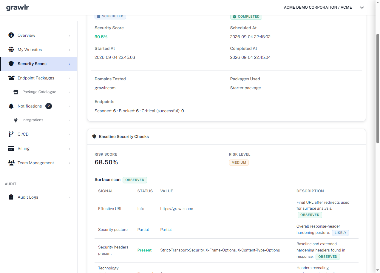 Grawlr baseline security checks with risk score, risk level, and observed surface signals
