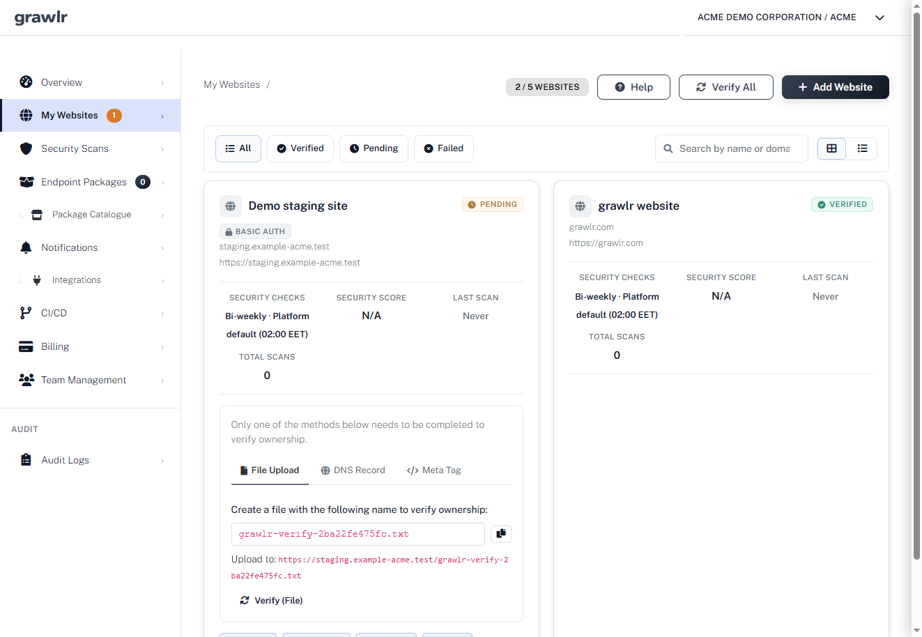 Grawlr My Websites view with one verified site and one site waiting for ownership verification