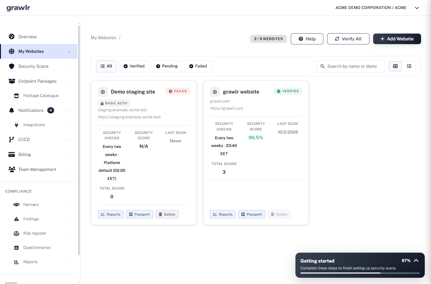Grawlr Agency account listing client websites with status, scan schedule, and last score